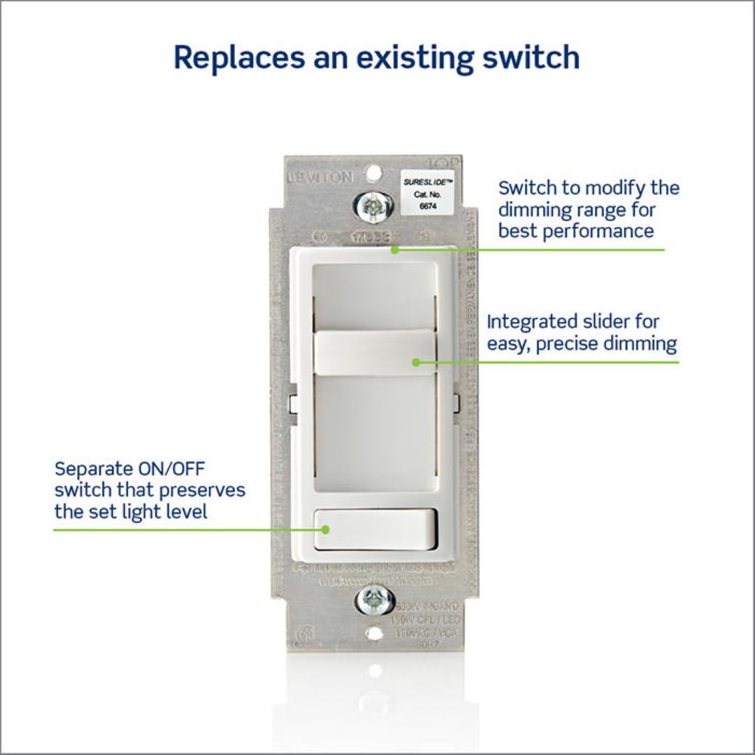 Leviton 2-Pack SureSlide Dimmer Switch for Dimmable LED, Halogen and Incandescent Bulbs, 6674-2PK, White