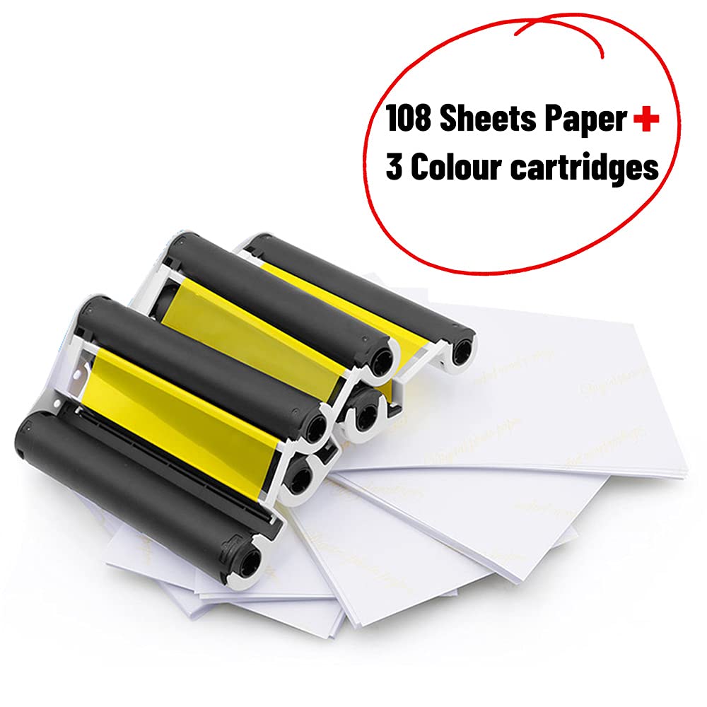 Compatible Canon Selphy CP1500 Paper and Ink KP-108IN KP108 3 Color Ink Cartridges and 108 Sheets 4 x 6 inch Paper Glossy for Canon Selphy CP1500, CP1300, CP1200, CP1000 Photo Printers