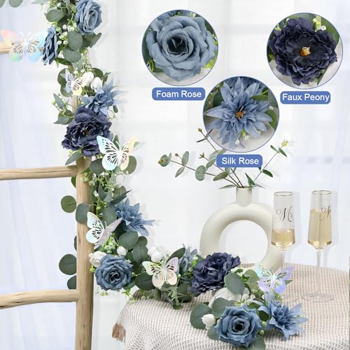 HOMENERGY Eucalyptus Garland with Flowers - 4 Pack 5.9 FT Fake Flower Garland with Butterflies Faux Rose Greenery Garlands for Wedding Table Backdrop Arch Centerpieces Decorations - Navy Blue