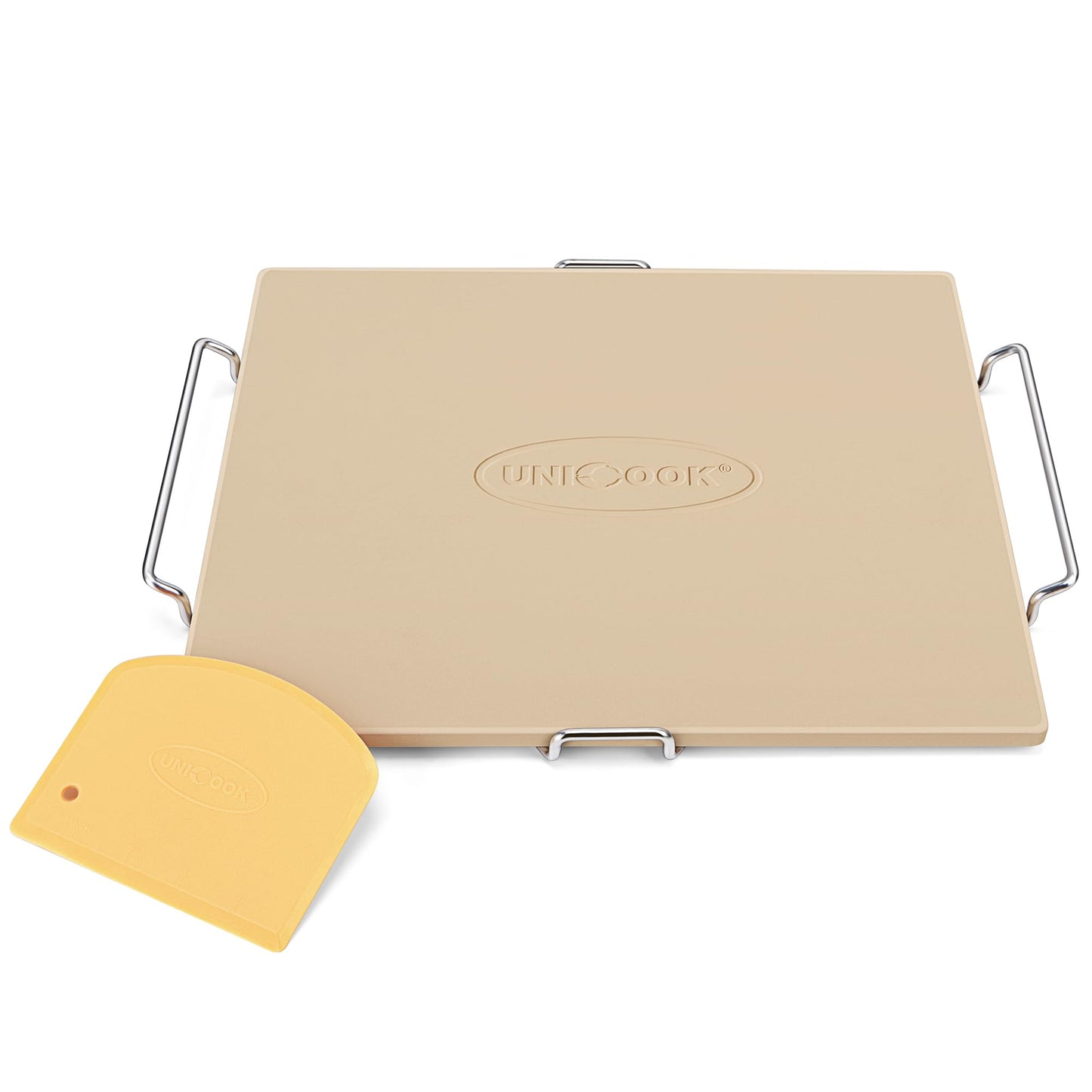 Unicook Pizza Stone for Oven and Grill, 16 x 14 Inch Rectangular Baking Stone for Bread, Cordierite Pizza Pan for Baking Crispy Pastry, Bread and Cookies, Includes Carry Rack and Pizza Dough Scraper
