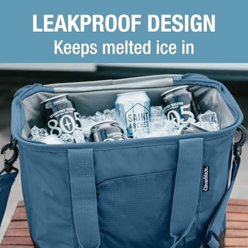 CleverMade Pacifica Collapsible Insulated Cooler – 30 Can / 21 Qt Leakproof Soft Cooler for Beach, Travel, Car – Shoulder Strap, Bottle Opener – Ocean