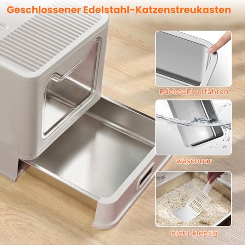 LEEJARD Stainless Steel Cat Litter Tray with Lid and Drawer, Closed Cat Litter Tray XXL with Cat Litter Tray Mat & Shovel for Large Cats. Odourless, Easy to Clean