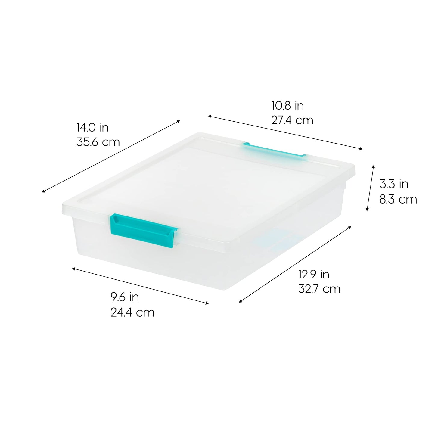 IRIS USA 5.7 L (6 US Qt) Large Clip Box, 4 Pack, Clear Plastic Storage Container Bins with Latching Lids, Organizing Container for Home, Office and School Supplies, Stackable, Seafoam Blue Buckles