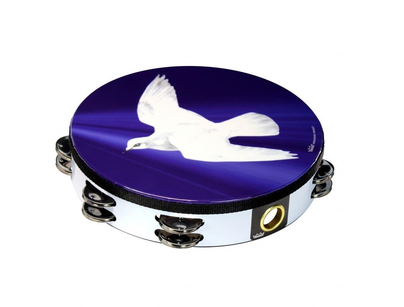 Remo Tambourine, 10 Diameter, 8 Pairs Jingles x 2 Rows, 'Religous Dove' Graphic