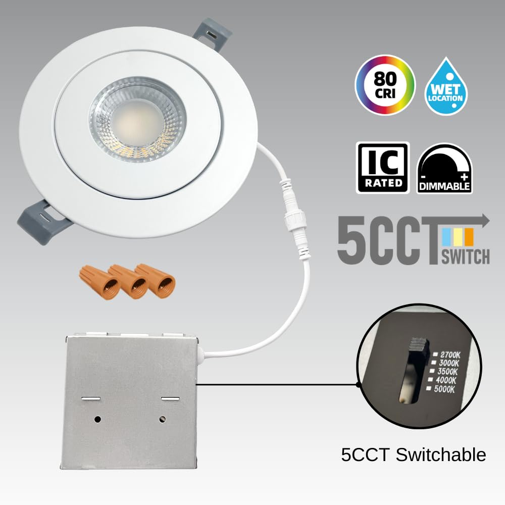 RENO SUPPLIES 4 Inch Gimbal LED Pot Lights, 5CCT Adjustable (2700K/3000K/3500K/4000K/5000K), 10W 800LM Dimmable, IC Rated Recessed Ceiling Downlight, ETL Listed, 6 Pack