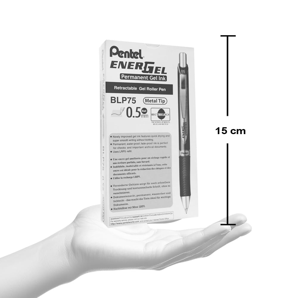 Pentel EnerGel Permanent Retractable Liquid Gel Rollerball Pen, Archival Quality, Water Resistant Ink, For Signing Important Documents, 0.5mm Fine Point, Blue Ink, BLP75-C, Box of 12
