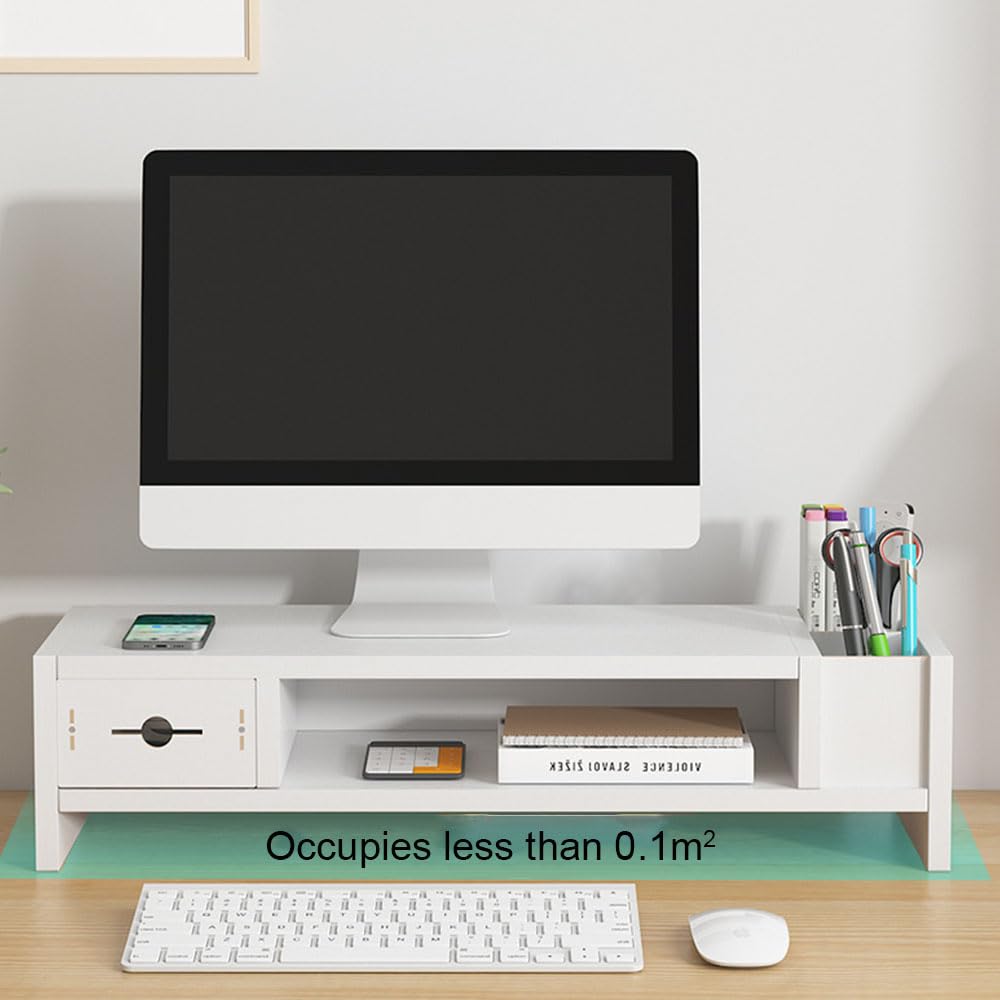 Monitor Stand, 2 Tier Computer Monitor Riser with Drawer and Pen Holder, Ergonomic Laptop Stand, Desktop Shelf for Laptop, TV Screen, PC Monitor (White)