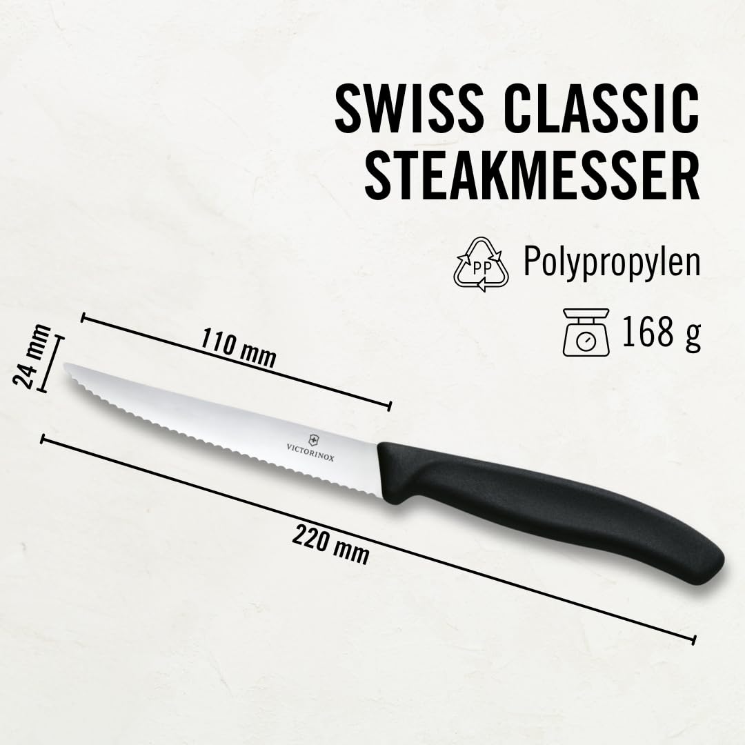 Victorinox Swiss Classic Steak Knife Set Ideal for Slicing a Wide Variety of Steak Cuts Serrated Blade in Black, Set of 6
