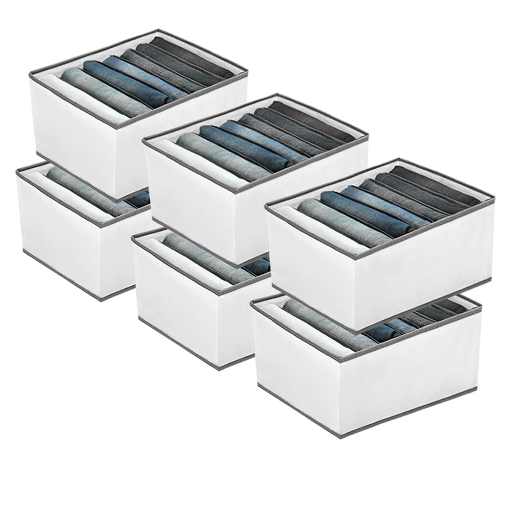 EASEVE 6 Pack Wardrobe Closet Organizer and Storage for Clothes - 7 Grids Foldable Drawer Dividers Organizers for Jeans | Pants | Shirts | Leggings, Stackable Clothing Bins for Closets Organization