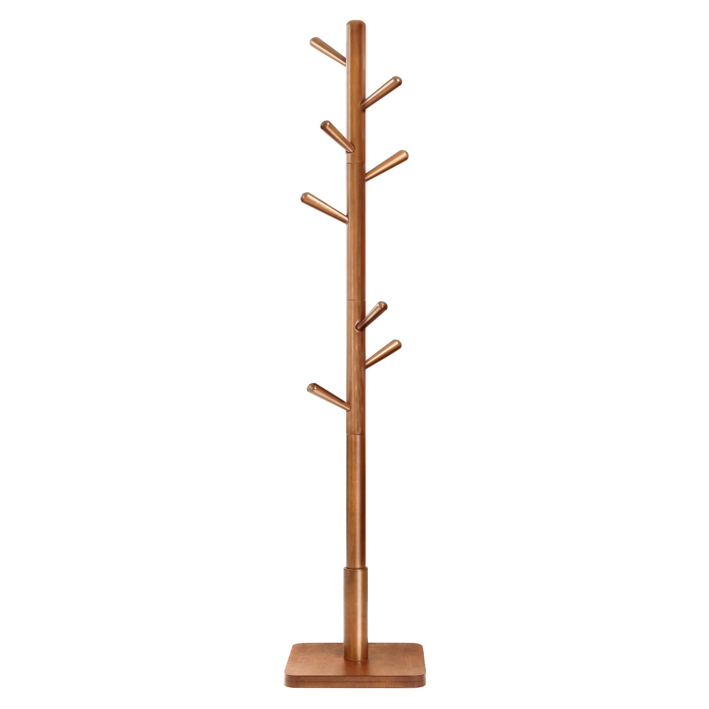 VASAGLE Solid Wood Coat Rack, Free Standing Hall Coat Tree with 8 Hooks, 3 Height Options, for Coats, Hats, Bags, Purses, for Entryway, Hallway, Rubberwood Hooks and Pole, Caramel BrownURCR010W01