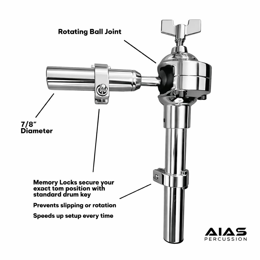 AIAS Tom Mounting Arm 7/8" on Ball Joint with Memory Lock for Secure Drum Setup and Precision Positioning