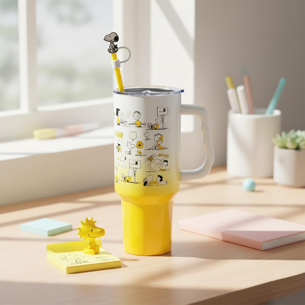 Silver Buffalo Peanuts Iconic Scenes Charlie Brown, Snoopy, Woodstock, Lucy, Sally, Linus Double Walled Stainless Steel Tumbler with Handle, Straw, & Straw Cap, Fits in Standard Cup Holder, 40 Ounces