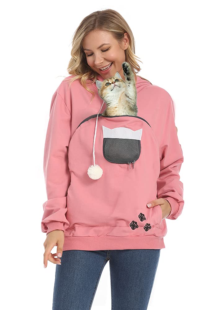 ZIIFULLHOU Women Pet Carrier Sweatshirt Puppy Kitten Holding Hoodies Long Sleeve Pouch Tops, Red, XX-Large-3X-Large