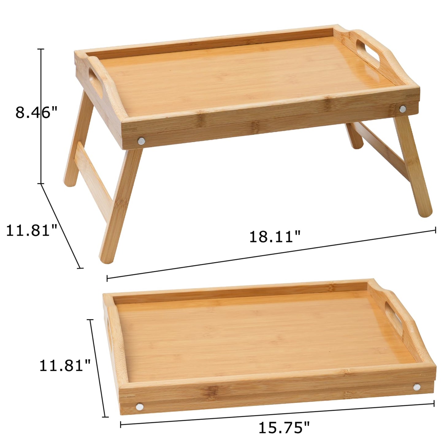 BAMBITION 2 Pack Bed Tray Tables, Bamboo Breakfast Serving Trays with Folding Legs and Handles, Wood Lap Tray Table for Eating on Couch