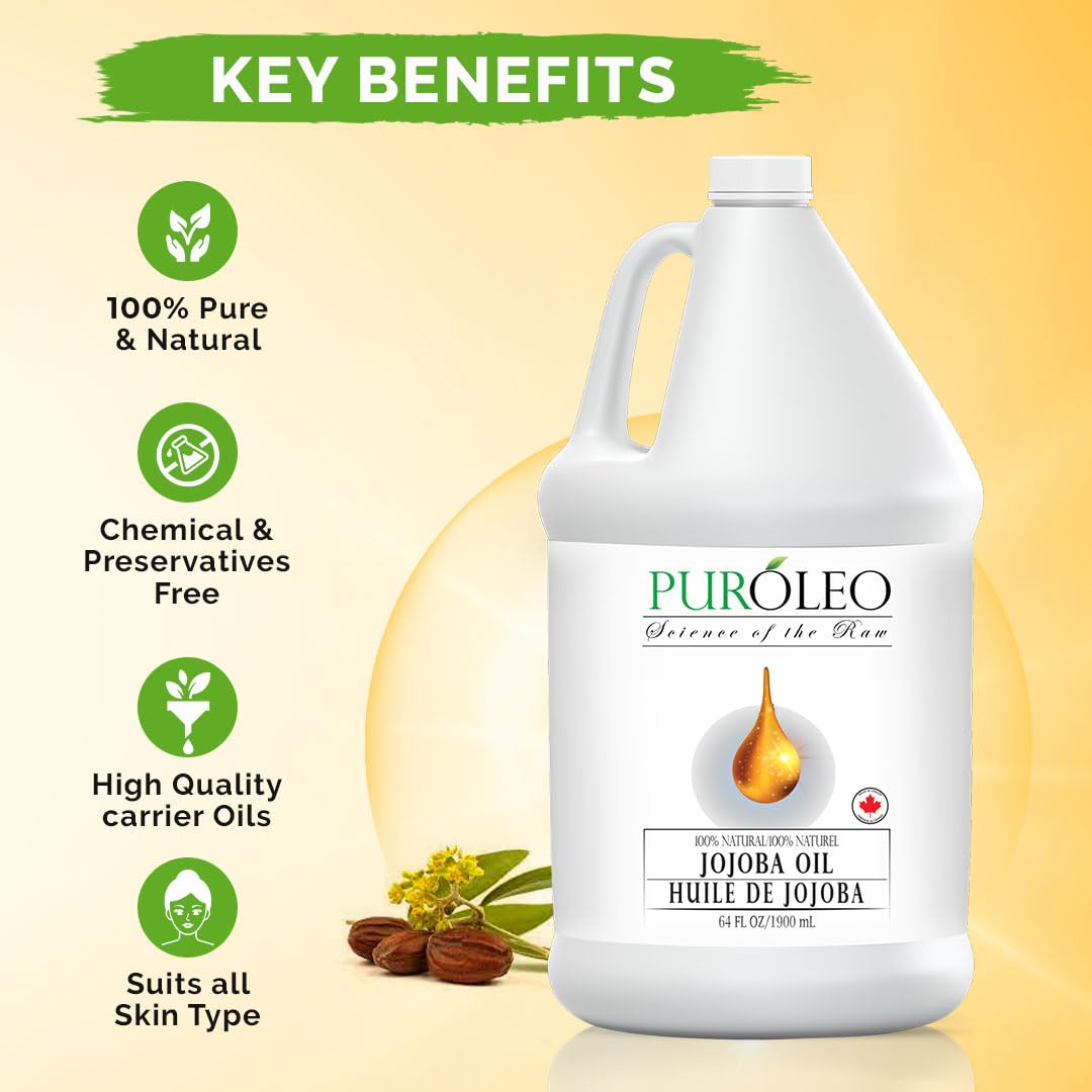 PUROLEO Jojoba Oil 64 Fl Oz/1900 ML (Packed In Canada) 100% Pure and Natural for Hair Oil, beard oil , Cuticle Oil, baby oil & Face Oil | |Personal Beauty Pack Easy to carry | Premium Leakproof unbreakable Packaging