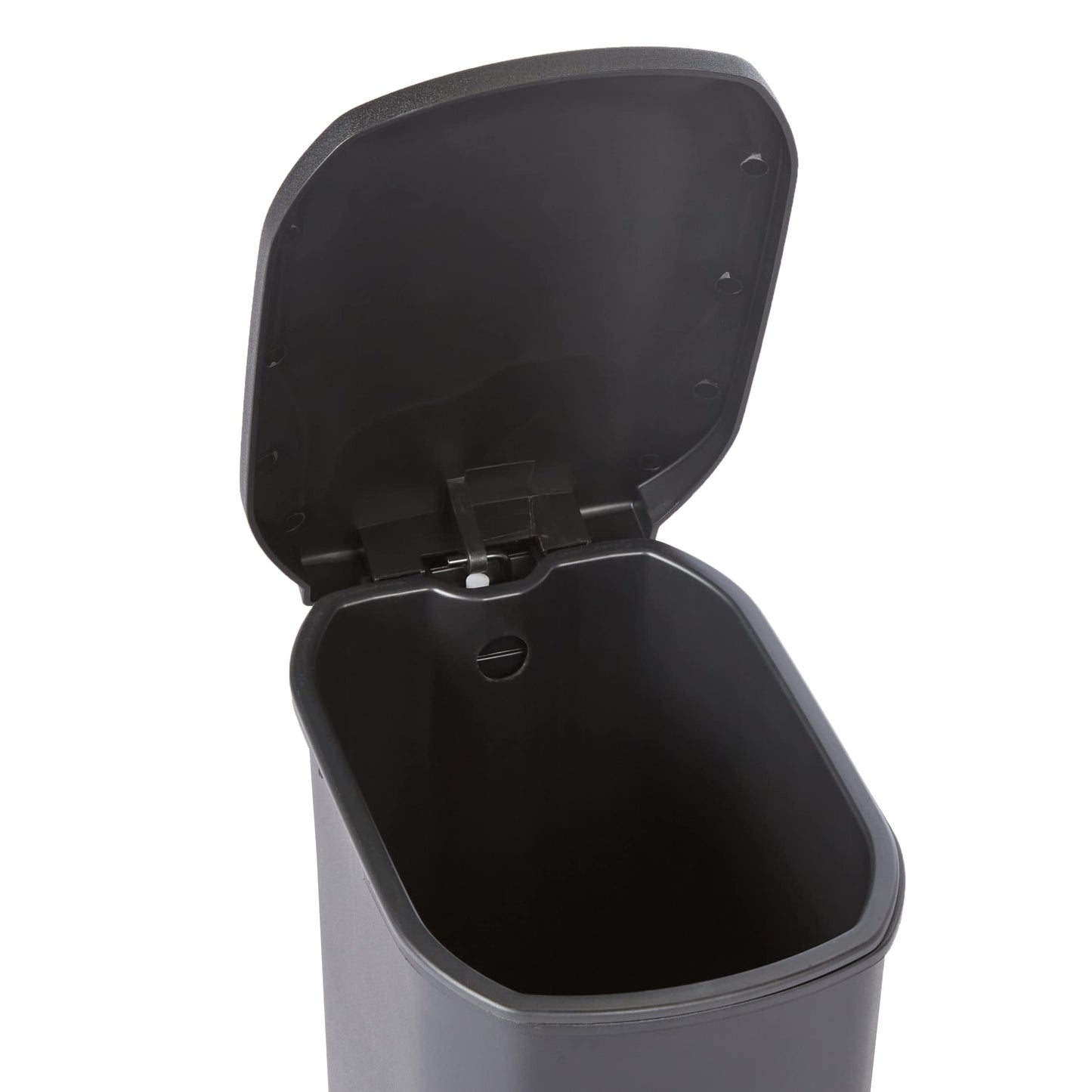 Amazon Basics Compact Bathroom Small Plastic Rectangular Trash Can with Removable Inner Bucket, Steel Foot Pedal for Hands Free Opening, Black, 6 Liters