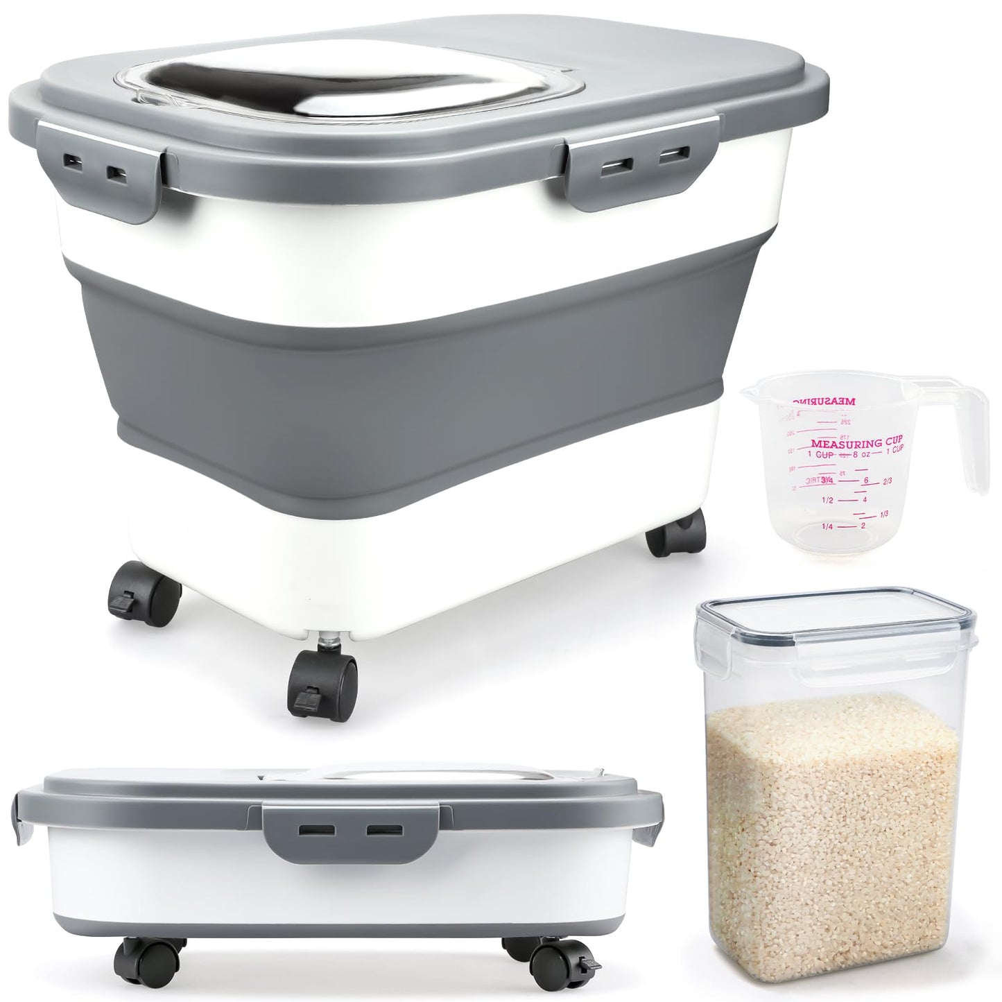 Komzon Rice Storage Containers, Collapsible 10 to 30Lbs Food Storage Bin Dispenser with Rolling Wheel and Clear Airtight Lid, BPA Free Flour, Sugar, Cereal and Dog Cat Pet food Containers