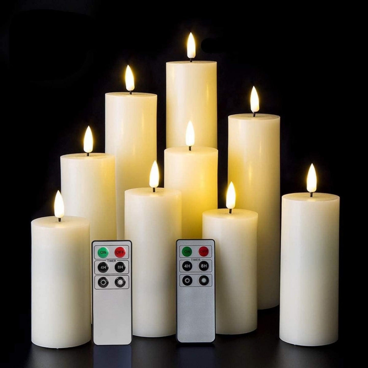 Eywamage Slim Tall Ivory Flameless Pillar Candles with Remote, Real Wax Flickering LED Battery Candles Christmas Mantel Fireplace Decor Set of 9