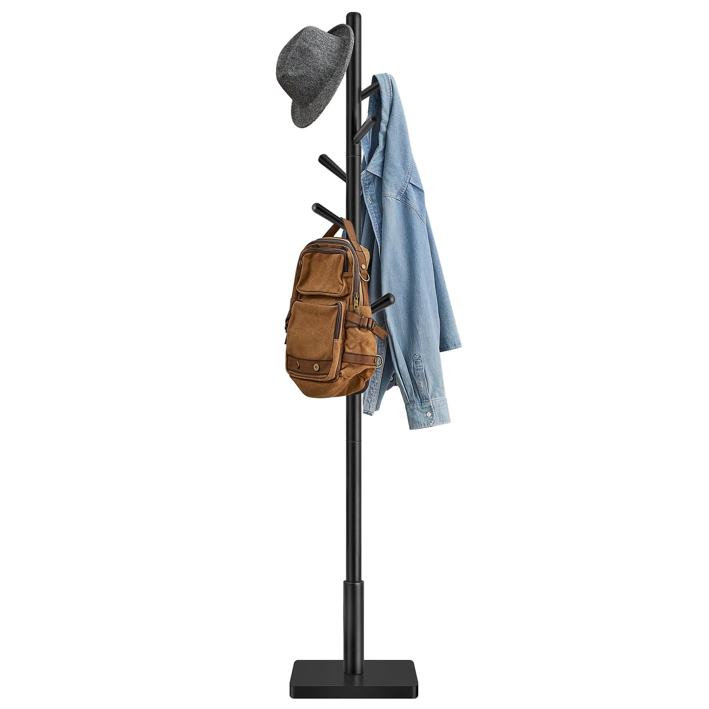 VASAGLE Solid Wood Coat Rack, Free Standing Hall Coat Tree with 8 Hooks, 3 Height Options, for Coats, Hats, Bags, Purses, for Entryway, Hallway, Rubberwood Hooks and Pole, Ink Black URCR010B01