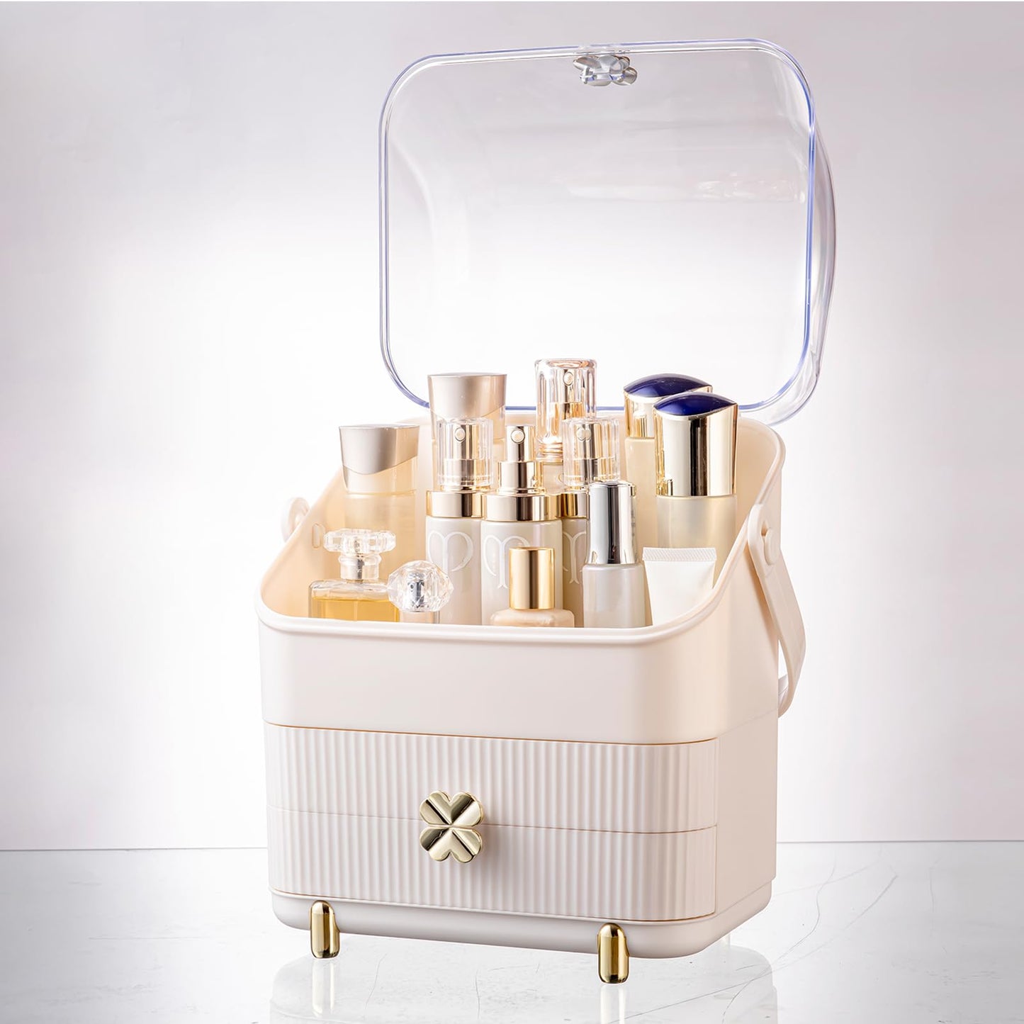 SUNFICON 3 Tiers Makeup Organizer Holder Cosmetic Storage Box with Dust Free Cover Portable Handle 2 Rroomy Drawers,Great for Bathroom Countertop Bedroom Dresser,Ivory White