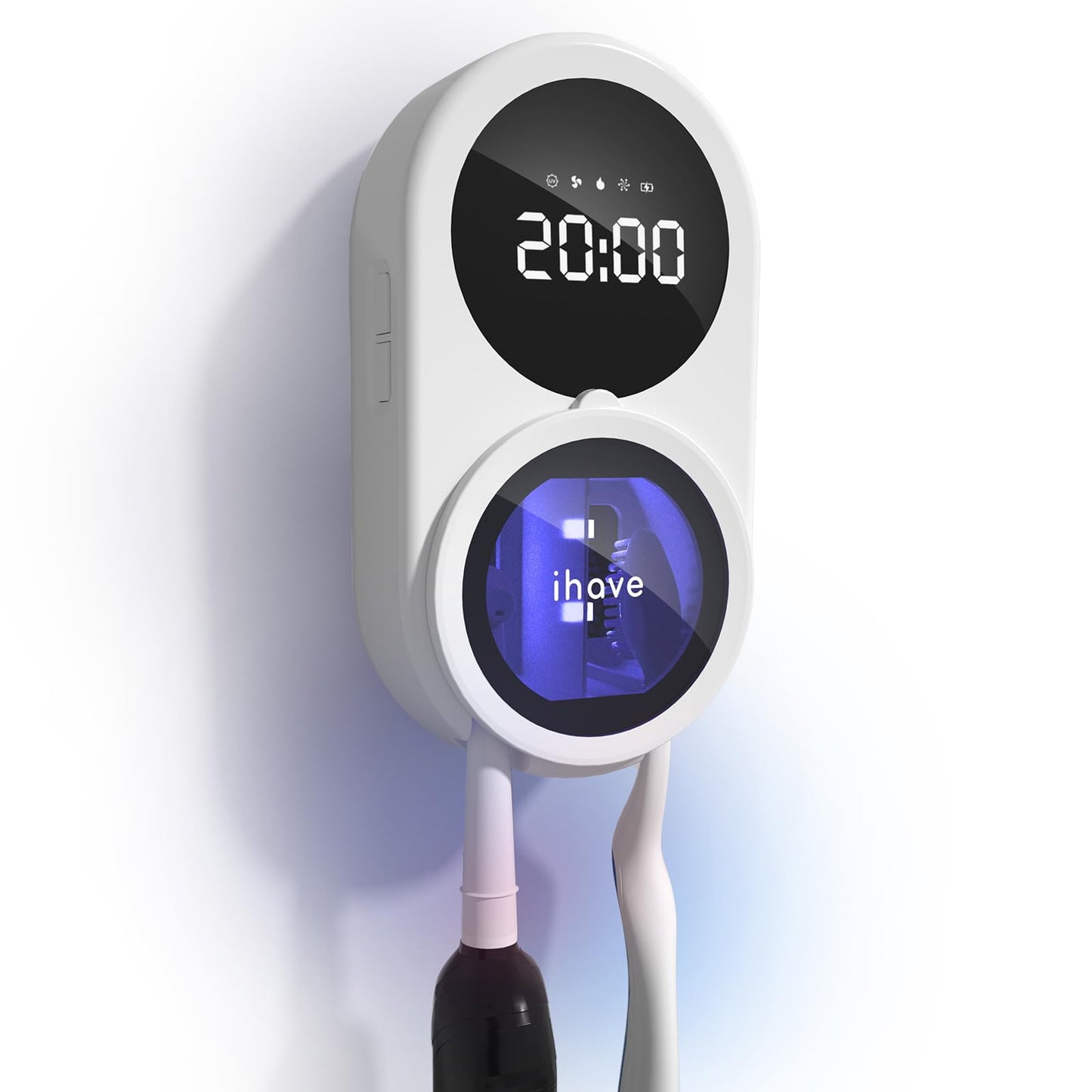 iHave Toothbrush Sanitizer and Holder, UV Toothbrush Holders with 100M Negative Ions for 360° Disinfection, Mold Prevention & Odor Removal, 2-Slot Heated & Fan Drying Toothbrush Holder Wall Mounted