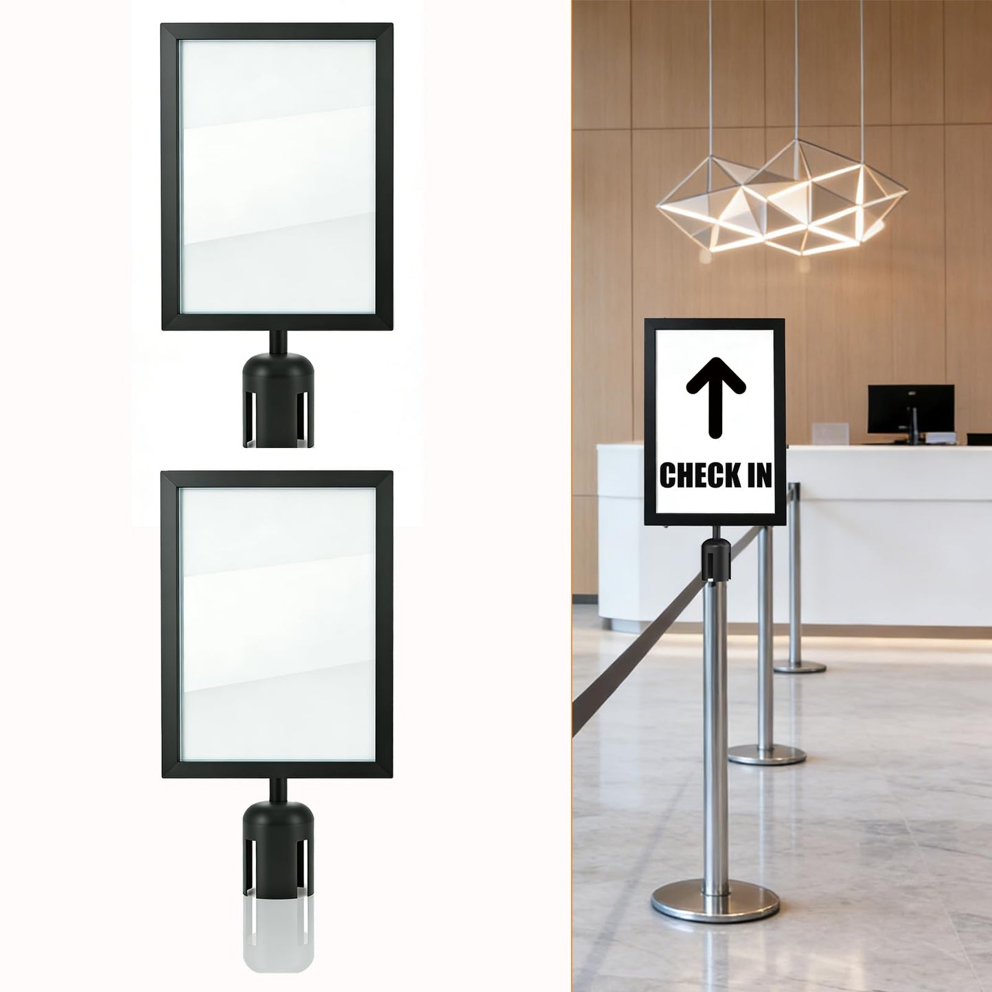2 Pack Stanchion Sign Holder, Stainless Steel Stanchion Sign Holder, Heavy Duty Black Vertical Display Frames for Crowd Control Signs, Double Sided Sign Holder for Events & Queues