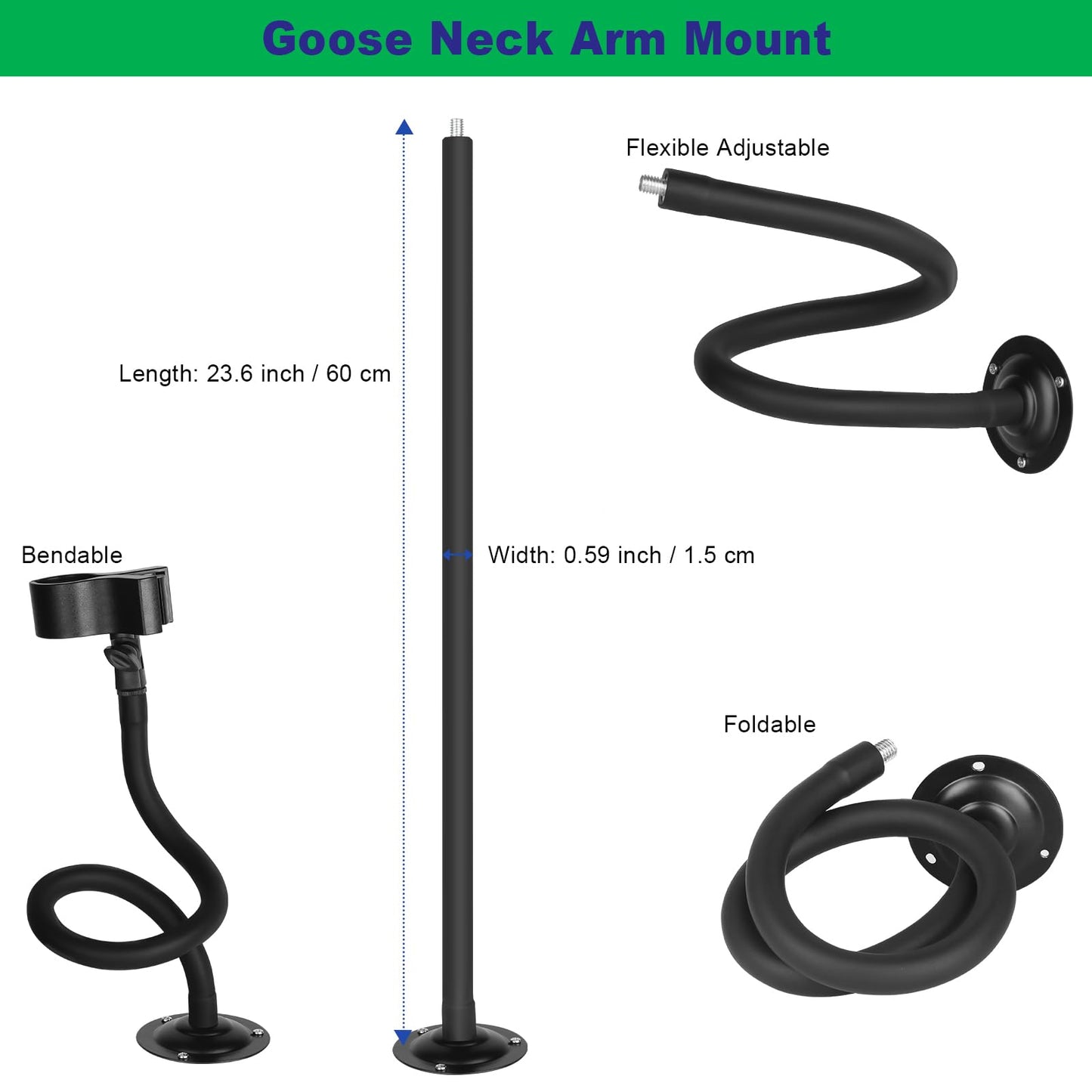 Microphone Holder - 23.6 inch Long Arm Gooseneck Desktop Mic Stand,Mic Arm Wall Mount,Metal Base Mic Clip 3/8" to 5/8" Adapter for Walls/Desk/Podium,Compatible with Shure/Fifine/AT2020/Pyle/Razer