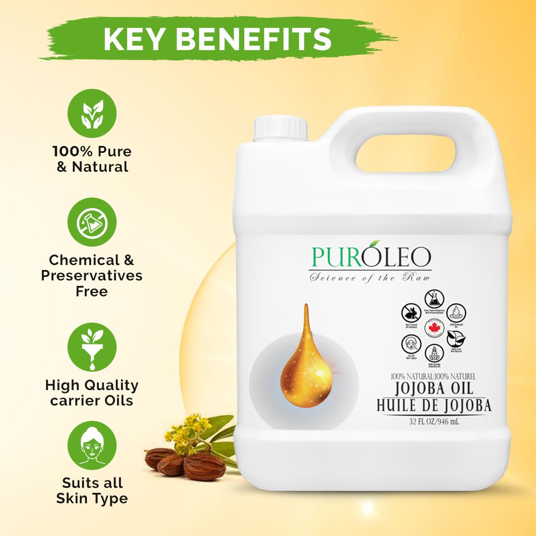 PUROLEO Jojoba Oil 32 Fl Oz/946 ML (Packed In Canada) 100% Pure and Natural for Hair Oil, beard oil , Cuticle Oil, baby oil & Face Oil | |Personal Beauty Pack Easy to carry | Premium Leakproof unbreakable Packaging