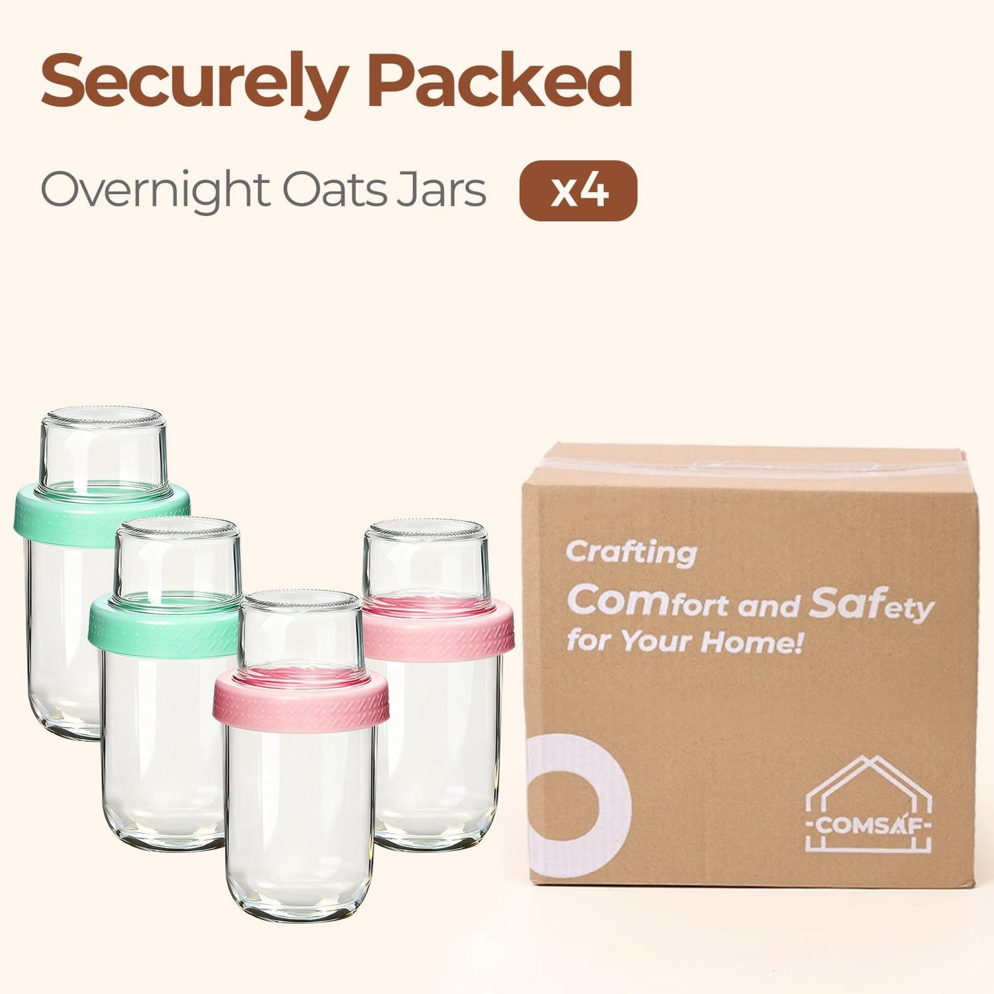 ComSaf Overnight Oats jars with Lids (16oz+4oz 4Pcs), Dual-Laryer Chia Pudding Jars with Dry and Wet Separation, Yogurt Parfait Contianer for Oatmeal Cereal Nut Fruit, Meal Prep Glass Jars for Salad