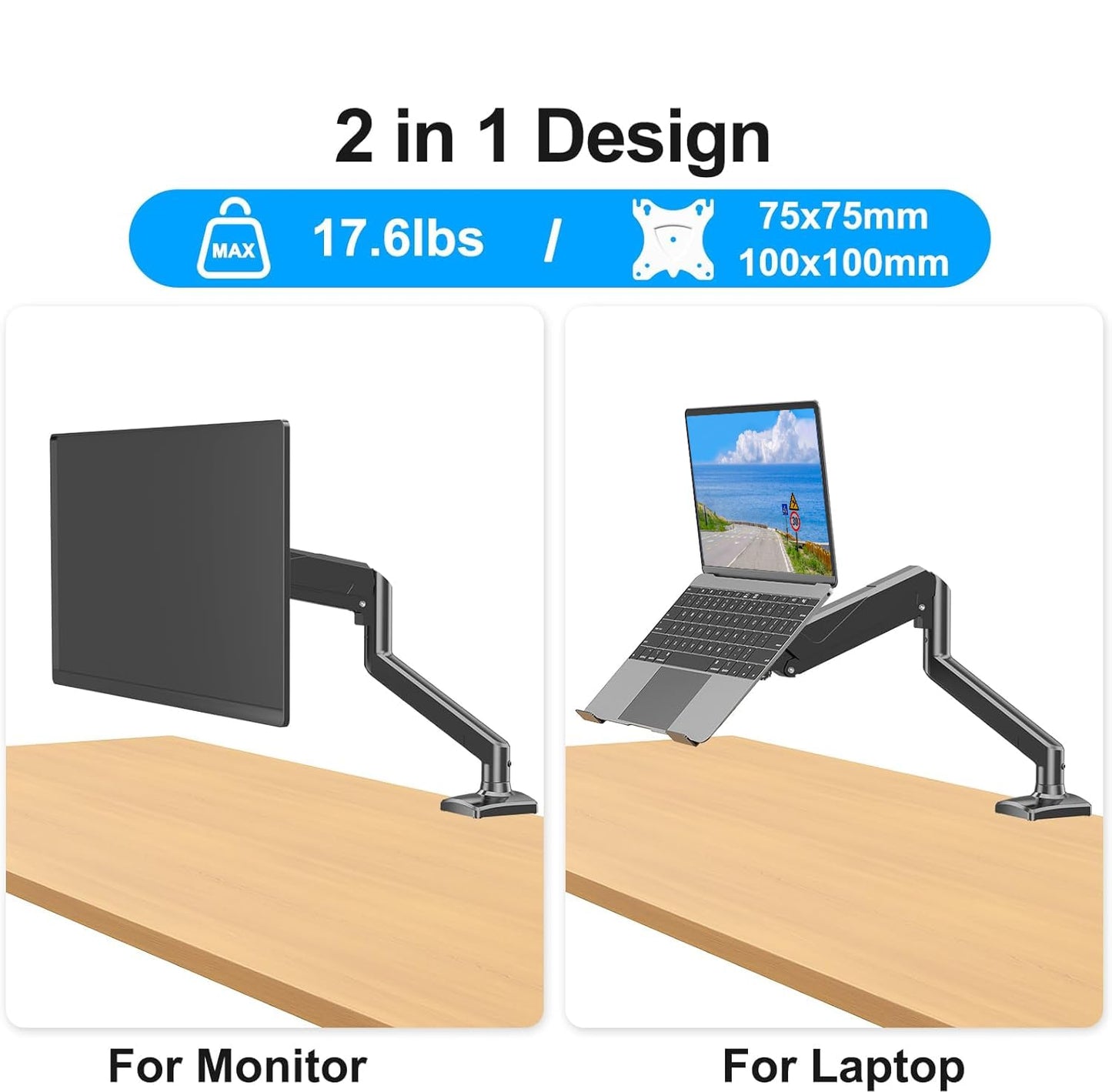MOUNTUP Laptop Stand, Adjustable Aluminum Laptops Arm Mount for 13-17 Inch Notebook & 32" Monitor, Laptops Arm for Desk Holds up to 17.6lbs, 2-in-1 Laptop Desk Mount with Clamp/Grommet
