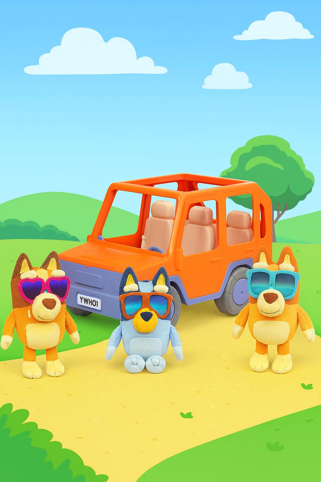 Bluey Buddies Big Heeler 4WD with Family, Exclusive Plush Bluey, Bingo and Chilli, with Sticker Sheet and Opening Bonnet/Hood for Fun Storage