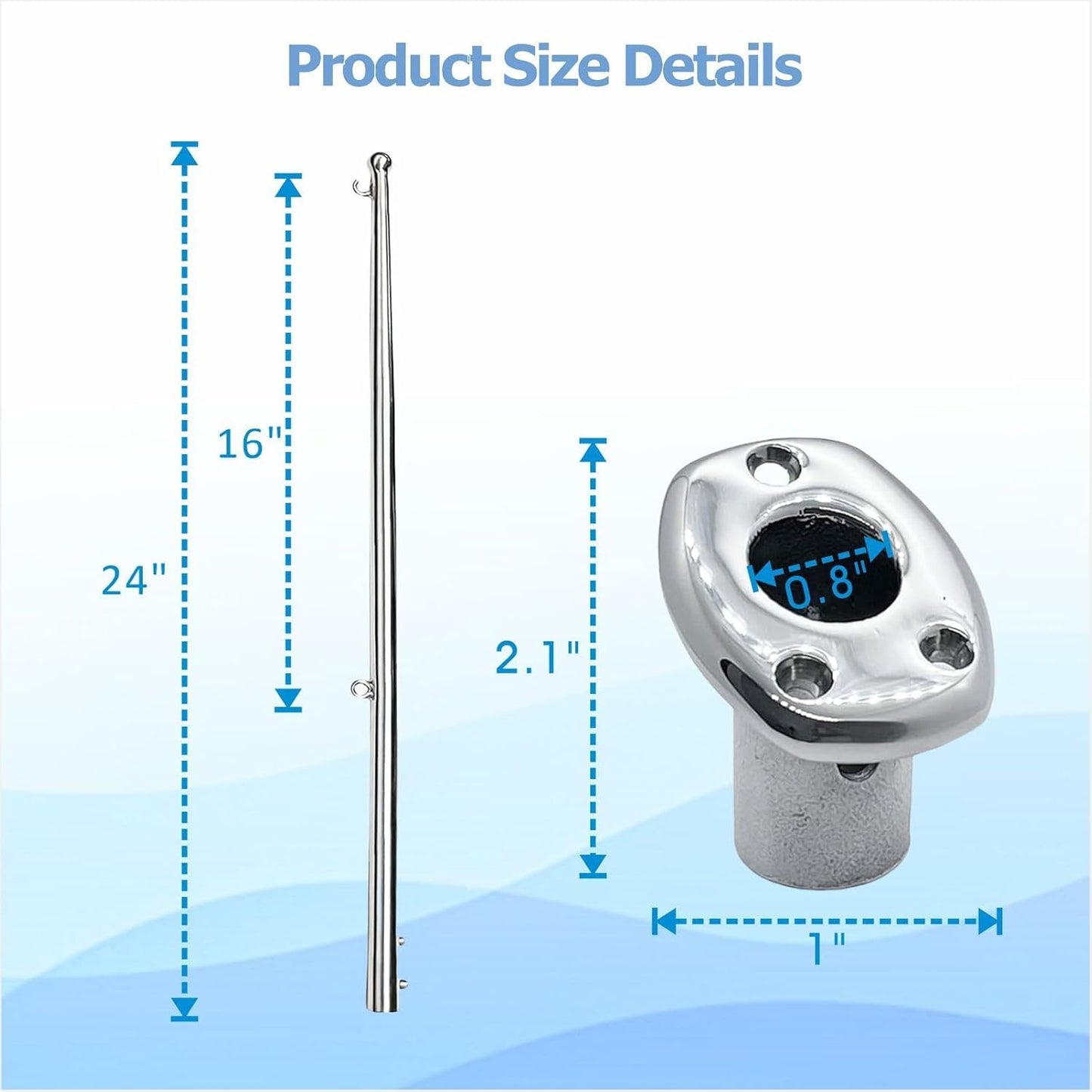 24" L Boat Flag Pole & Mount Base, Marine Deck Socket Rod Holder Bracket Kits for Yacht Ship Truck Yard, Fits 3/4" ID Tube