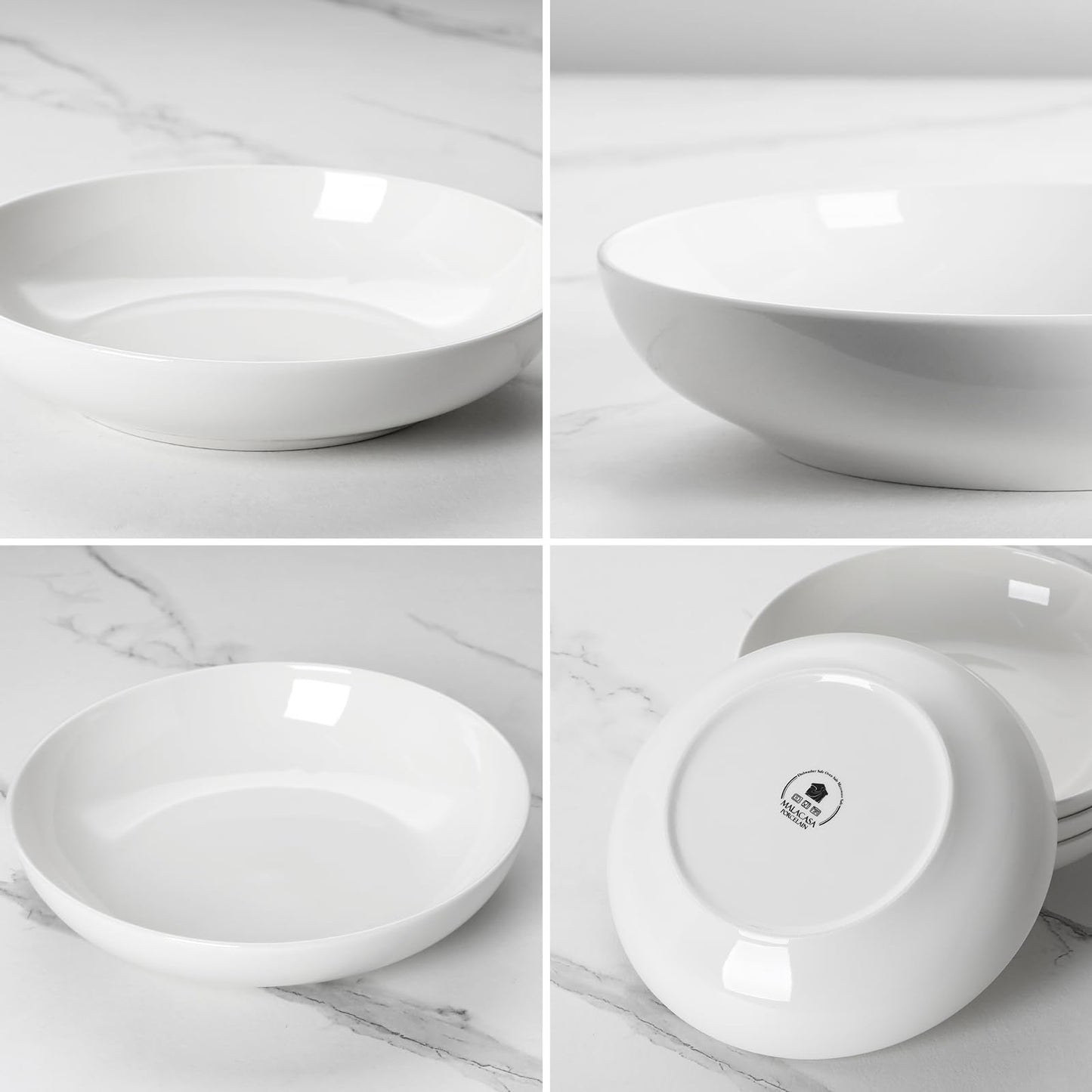 MALACASA 10" Large Pasta Bowls, 56 OZ White Salad Bowls Soup Bowls, Porcelain Serving Bowls Set of 4, Large Salad Bowl Plates Pasta Plates, Microwave & Dishwasher Safe, Series Regular