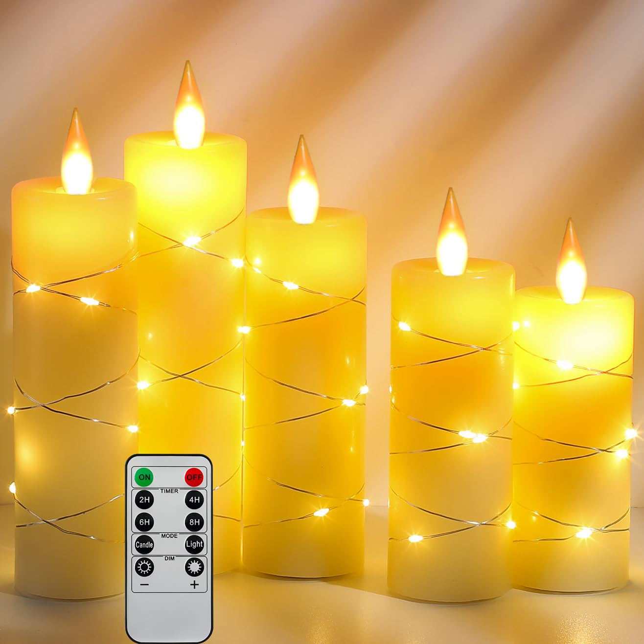 Da by Flameless Candles, with Embedded String Lights, 5-Piece LED Candles, with 10-Key Remote Control, 24-Hour Timer Function, Dancing Flame, Real Wax, Battery-Powered(Batteries not Included).