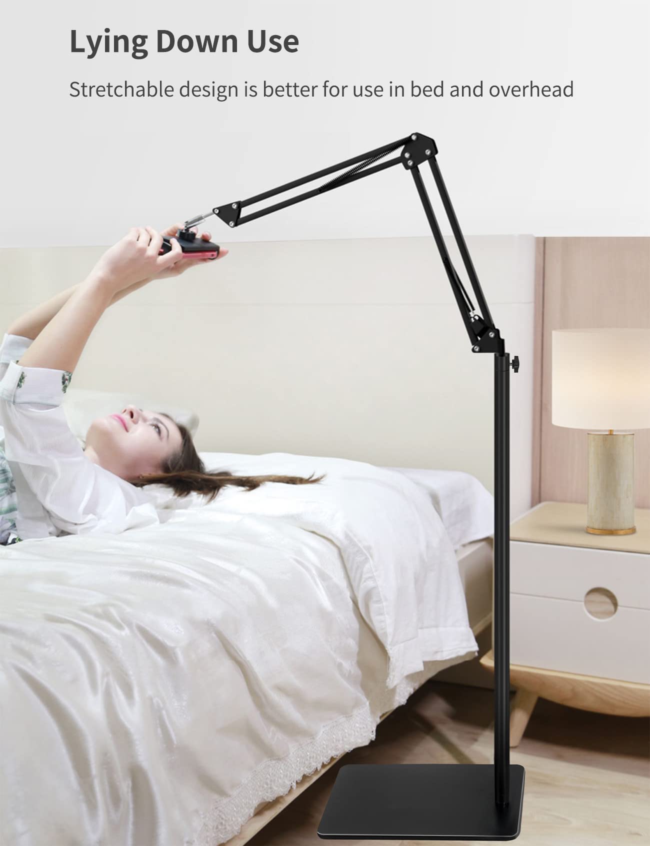 Tablet Floor Stand with Double Weight Base, Overhead Bed Phone Mount Height Adjustable Arm Stretchable Stand Holder, Compatible with iPad mini Air Pro, Galaxy Tab, Kindle, Switch, Cell Phones-Black