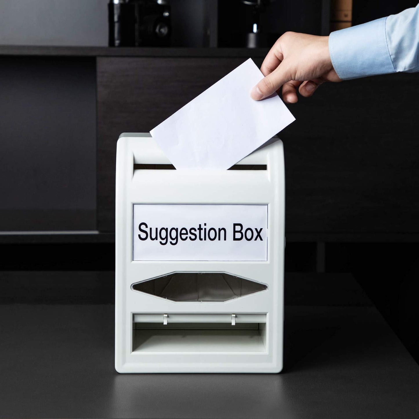 Amazon Basics ABS Suggestion Box with Lock and Key, Donation/Ballot Box, 8.2" x 4.7" x11.3'' , Non-clear