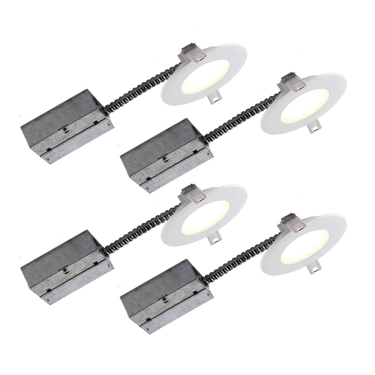 Bazz SLMRD4W4 4-Inch Slim Round LED Recessed Light Kit with Goose Cable, 4-Pack, Easy Install, Dimmable, Damp Rated, Matte White, 750lm, 80+ CRI, 11W, 3000K, ETL & FCC