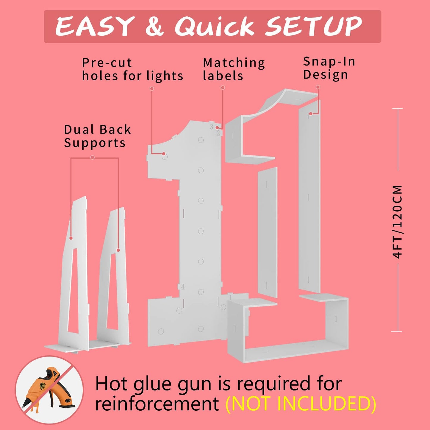 Cool White 4FT Light Up Numbers Pre-Cut Frame Giant Marquee Numbers 1, Mosaic Numbers for Balloons, Light Up Numbers for First 1st 21st Birthday Anniversary Party Decor