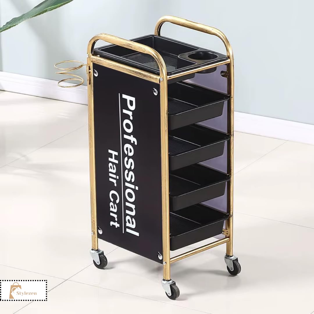 Stylezen 5-Layer Hairdressing Trolley – Rolling Salon Cart with Metal Frame, Easy-Glide Wheels & Storage Trays for Hair Tools & Supplies, Black & Gold Organizer for Salons, Barbershops & Home Use