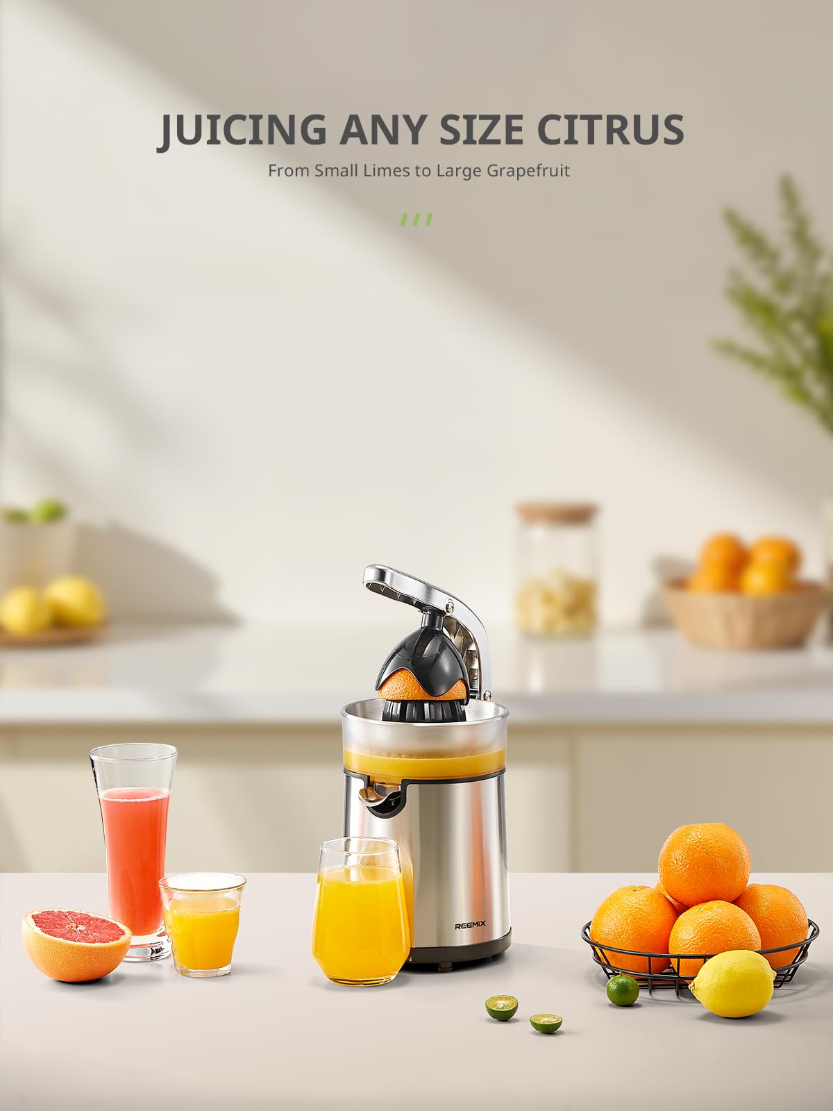 Reemix Electric Citrus Juicer - Orange, Lemon, Grapefruit Juicer with Stainless Steel Body & Transparent Juice Collector, Easy to Use for Fresh Squeezed Juice at Home