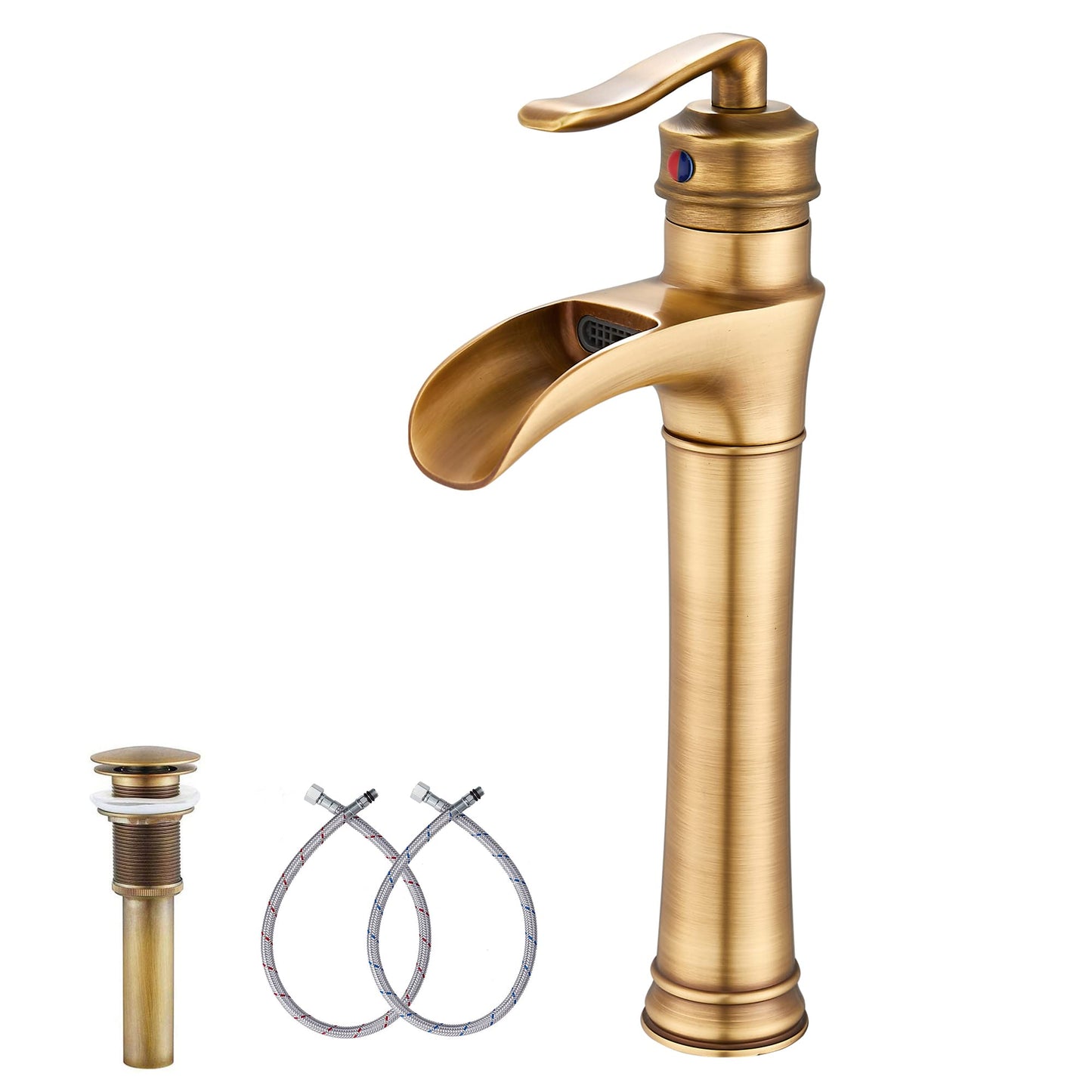 Antique Brass Bathroom Sink Faucet GGStudy Waterfall Single Handle One Hole Farmhouse Bathroom Vessel Sink Faucet Matching Pop Up Drain