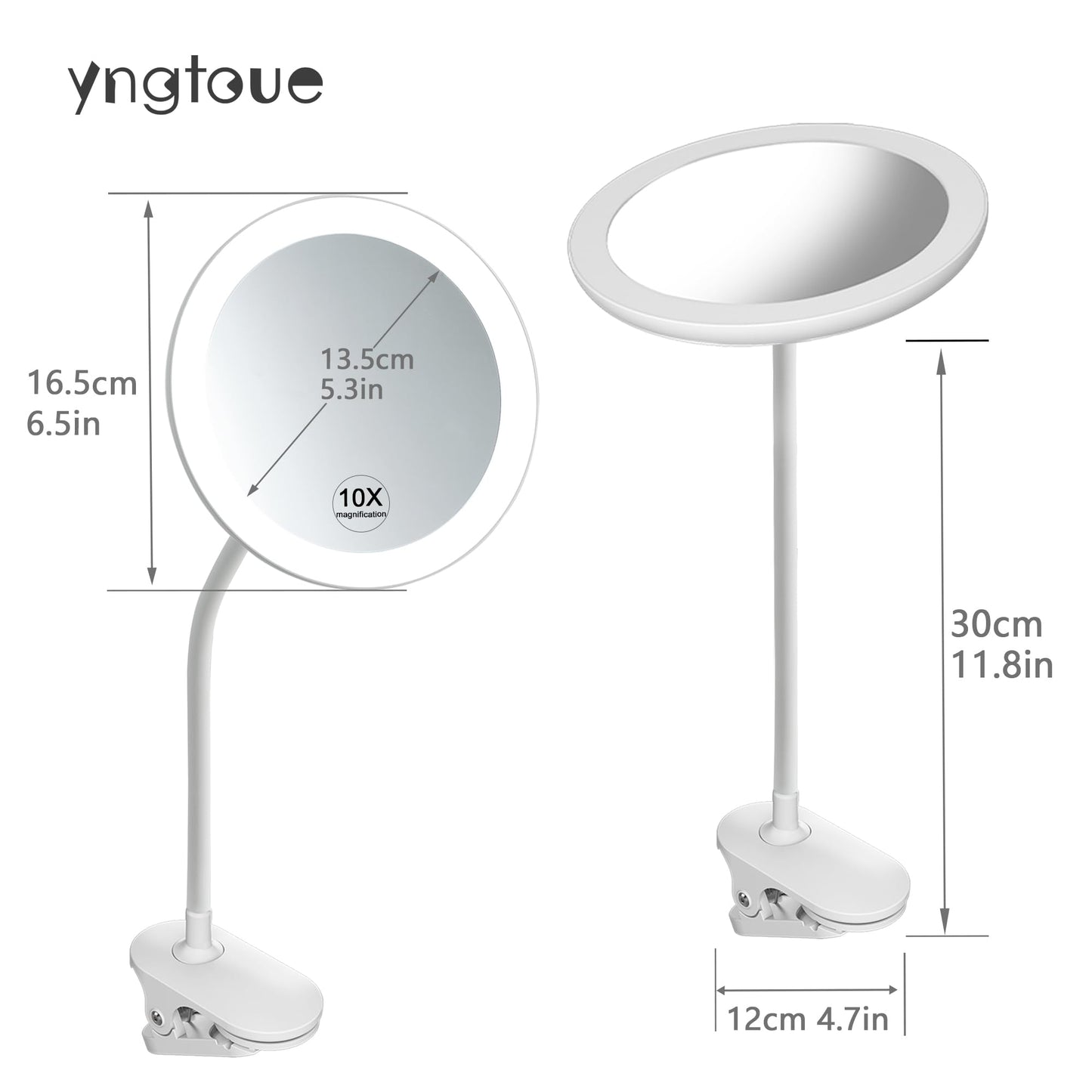 6.5" Clip on Vanity Makeup Mirror with Light, gooseneck Travel 10x Magnifying Mirror,USB Recharge (White 10X)