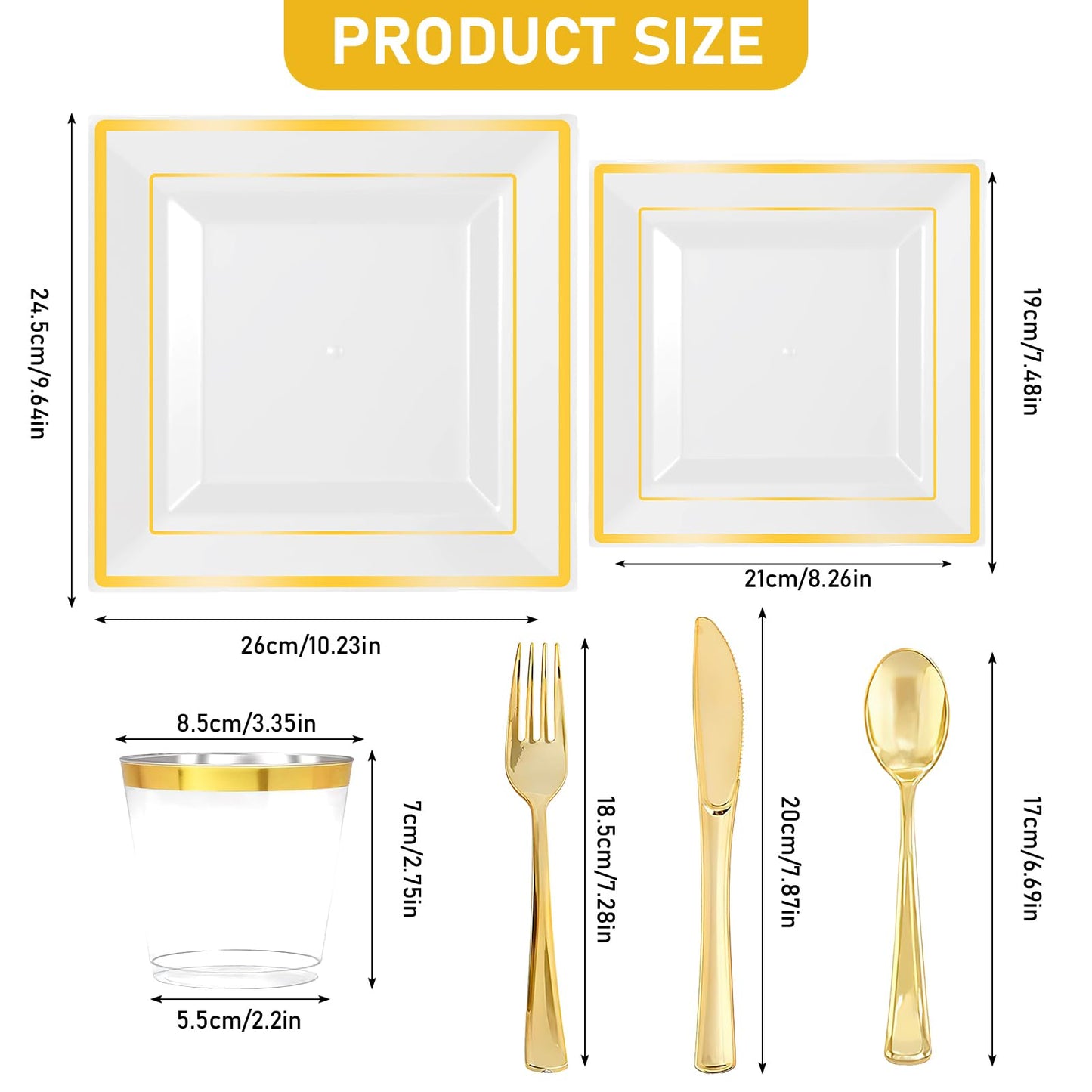 175PCS Gold Squart Plates with Plastic Silverware, Gold Disposable Dinnerware Set for Wedding & Party, Including 25 Dinner Plates, 25 Dessert Plates, 25 Cups, 25 Napkins, 25 Cutlery Set