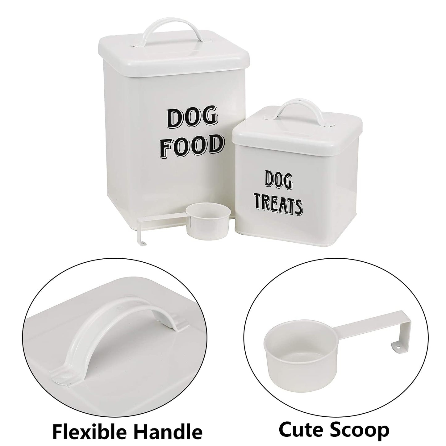 Dog Food and Treats Containers Set with Scoop for Dogs-Vintage White Powder-Coated Carbon Steel-Tight Fitting Lids-Storage Canister Tins-White