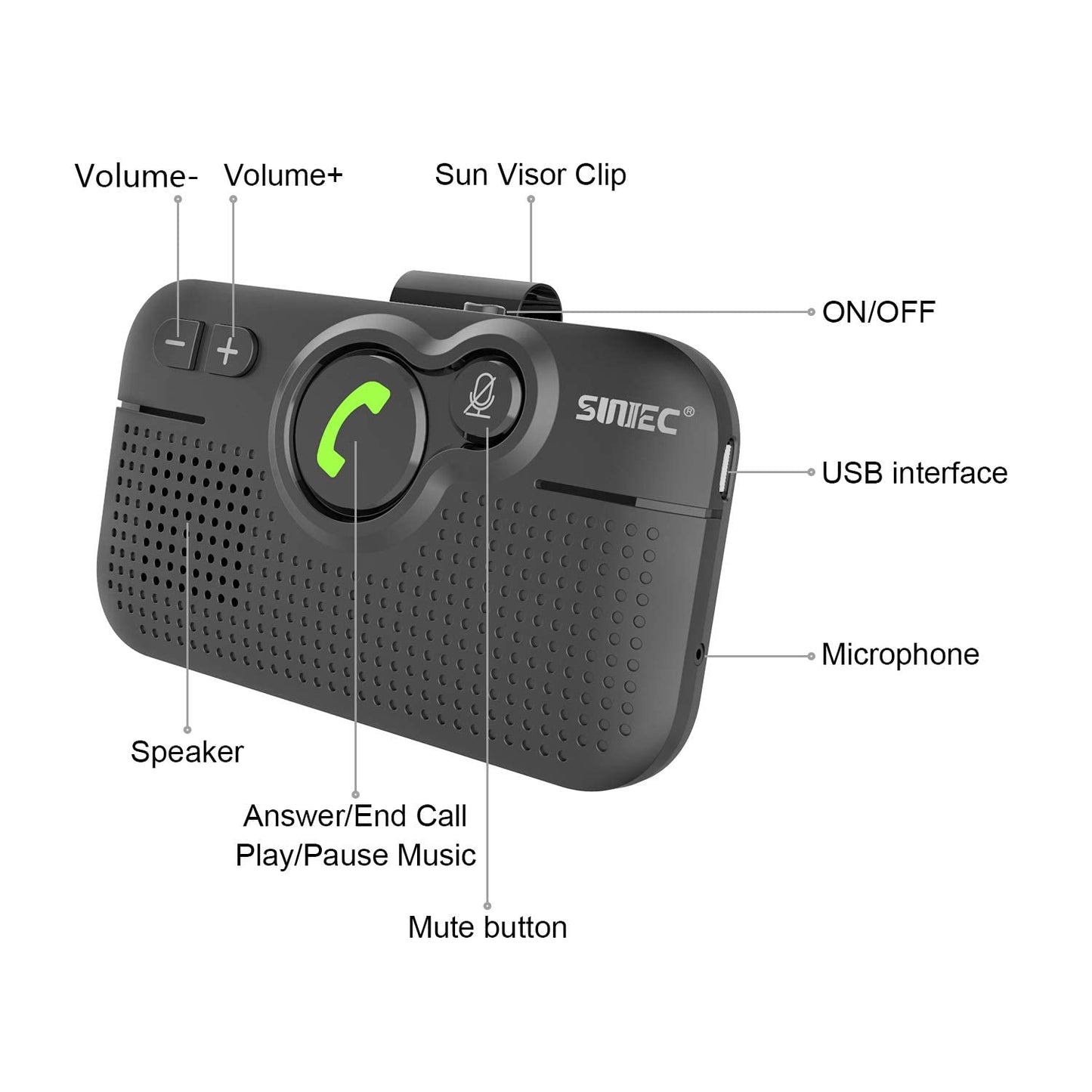 SUNITEC Handsfree Bluetooth for Cell Phone, Bluetooth Car Speaker AUTO ON Off 3W Speakerphone Support Siri Voice Assistant Wireless in-Car Hands Free Speaker with Visor Clip - BC980P