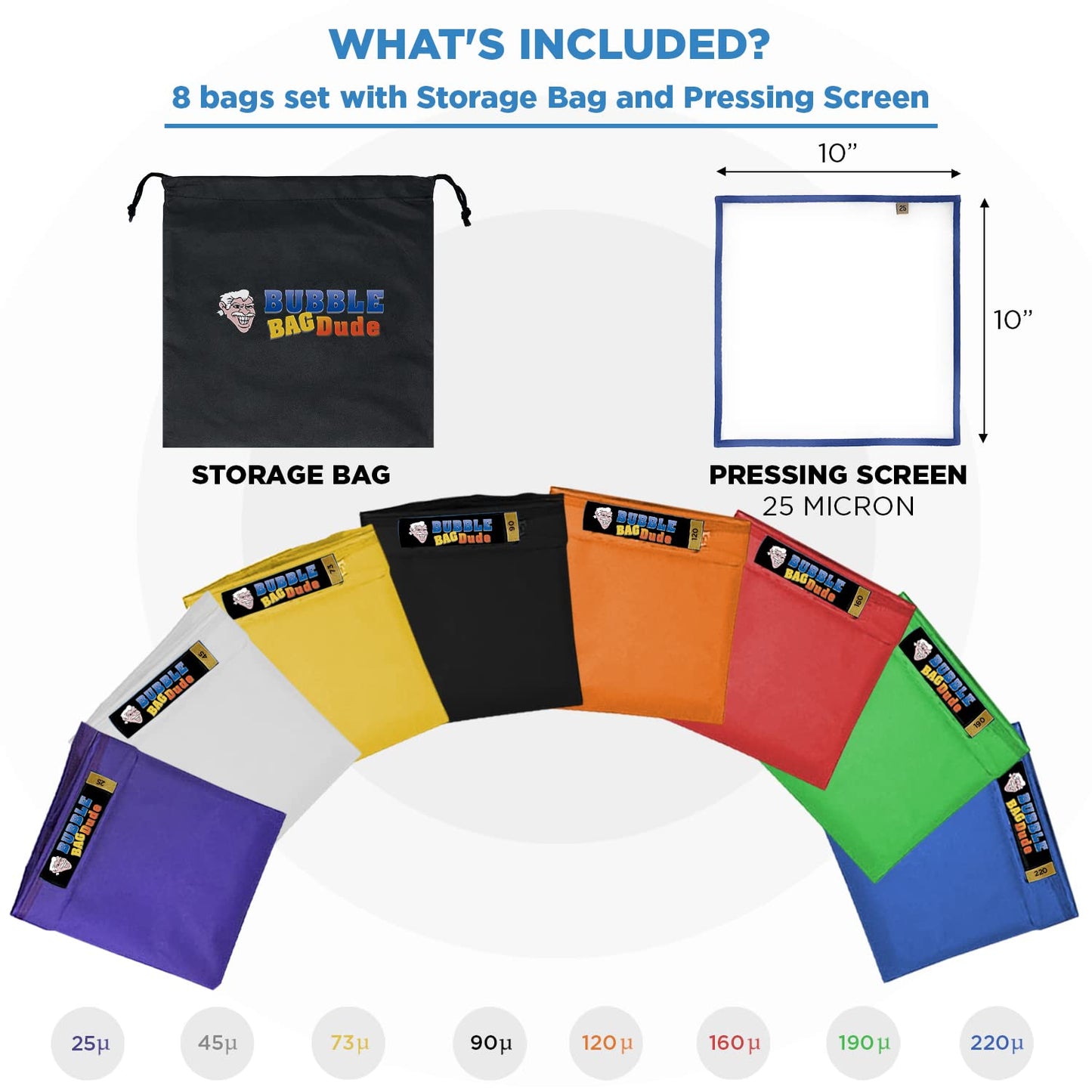 BUBBLEBAGDUDE Extraction Bags 5 Gallon 8 Bags Set - Herbal Bubble Ice Bag Essence Extractor Kit - Plant & Herb Extraction Filter Bags with 10 x 10” Pressing Screen & Storage Bag 220 to 25-Micron Bags