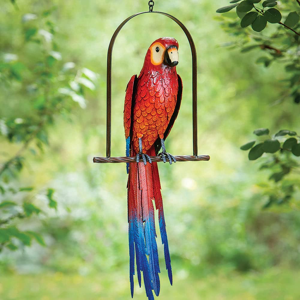 Bits and Pieces - Swinging Parrot Sculpture - Garden Bird Hanging Chain Statue Home Outdoor Patio Decoration