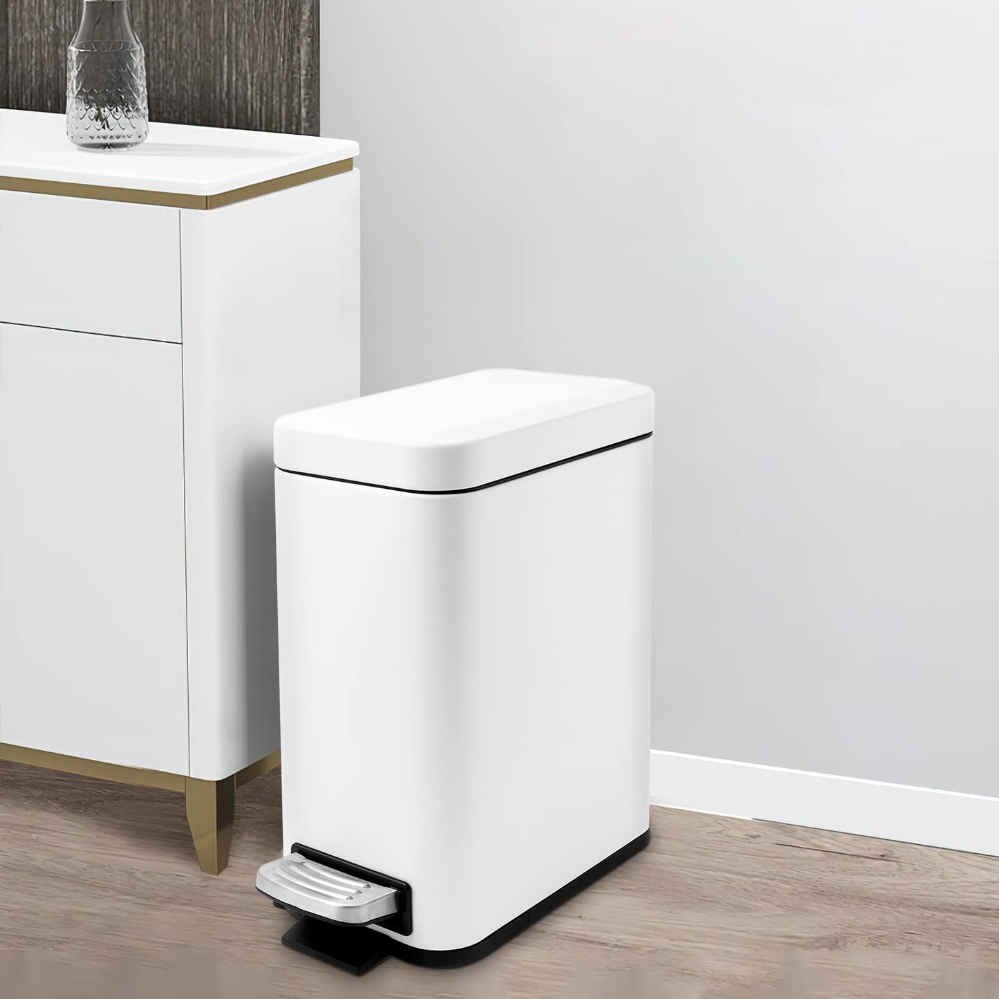 5 Liter/1.3 Gallon Slim Small Trash Can with Lid Soft Close, Stainless Steel Garbage Can for Bathroom Bedroom Office, Rectangular Step Trash Bin with Removable Inner Waste Basket (White)