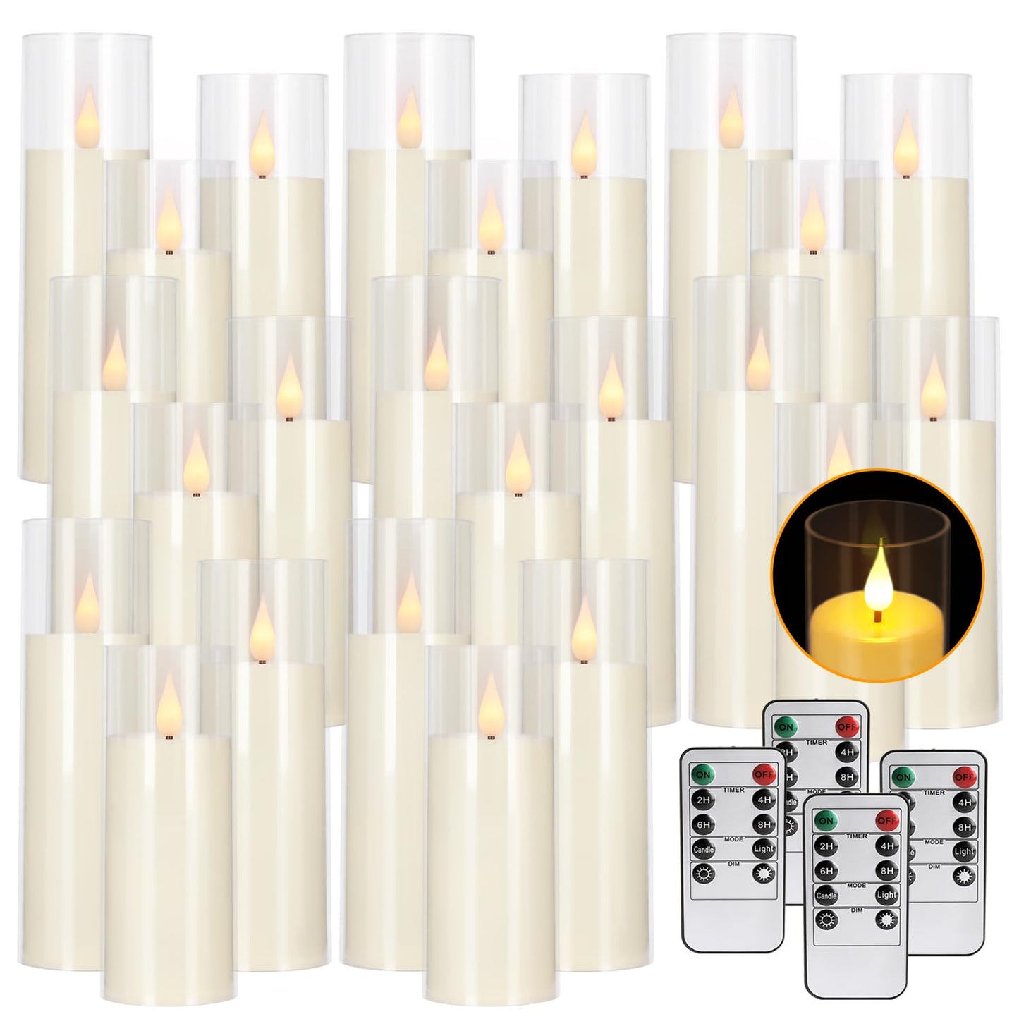 Aamdkcyu 24-Pack Flameless Candles with Remote, B-Series Acrylic LED Candles in 3 Sizes, Timer & 10 Brightness Levels for Home Decor, Wedding, Centerpieces