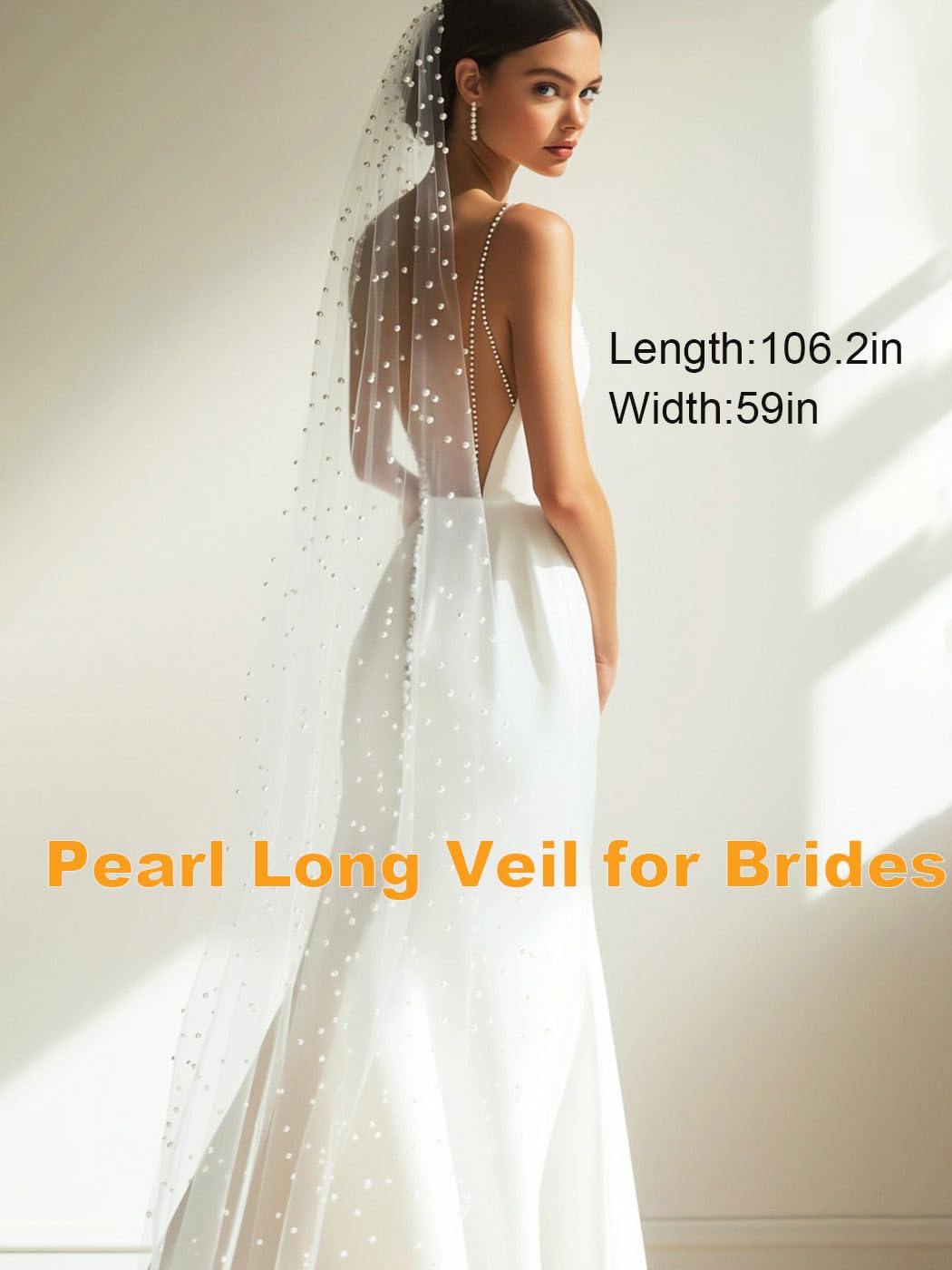 HEREAD Pearl Bride Wedding Veil White Fingertip Cathedral Bridal Tulle Veils Hair Accessories with Comb and Cut Edge, White, 106.2" Length